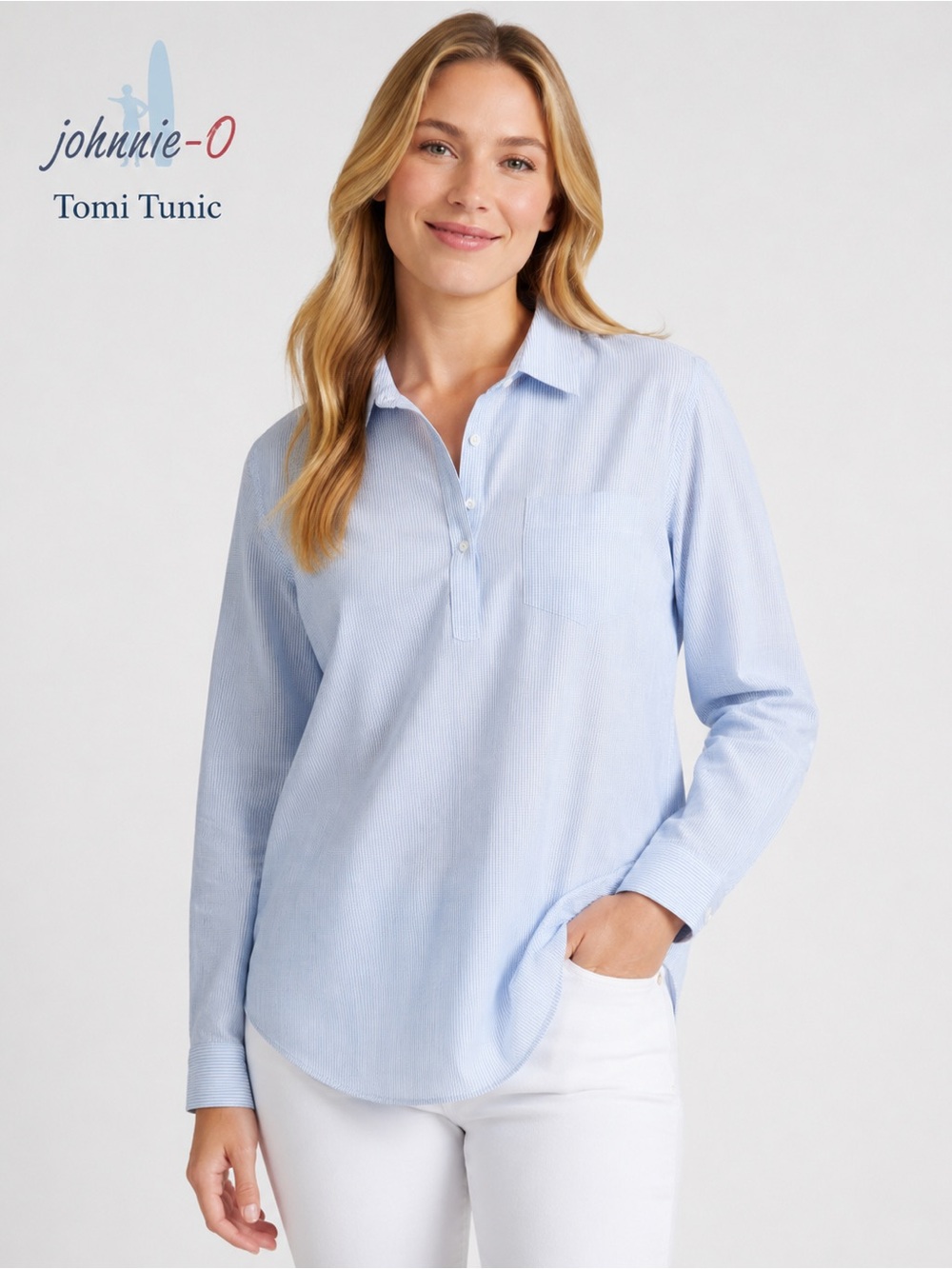 Johnnie-O Tomi Pullover Poplin Tunic Top Sz L Blue Striped Preppy Coastal NWT